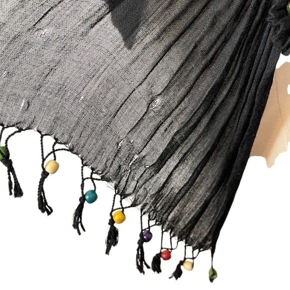 PASHMINA Black Embellished with Floral Appliqués & Beaded Fringe - Picture 6 of 7